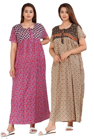 JVSP Women's 100% Soft Pure Cotton Printed Nightwear Maternity Wear Kaftan Nighty. (Multicoloured, Free Size) -(Pack of 2)