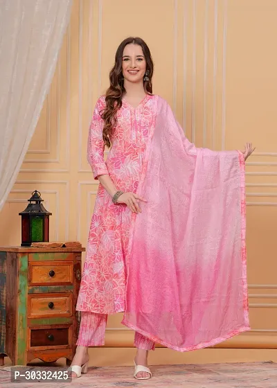 Stylish Pink Cotton Printed Kurta, Bottom and Dupatta Set For Women