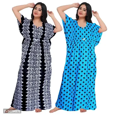 Mudrika Women's Cotton Printed Nightwear Kaftan/Nighty/Maxi/Gown/Nightdress