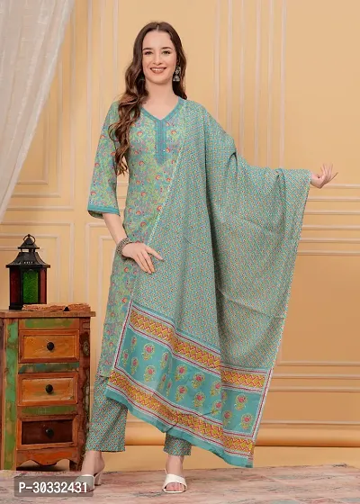 Stylish Green Cotton Printed Kurta, Bottom and Dupatta Set For Women