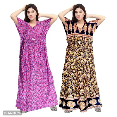 JVSP Women's Fashion Cotton Printed Full Length Maxi Night Gown Maternity Wear Kaftan Maxi Nighty (Combo Pack of 2)