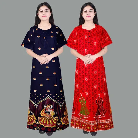 Stylish Cotton Jaipuri Print Nighty/Nightdress For Women Pack Of 2