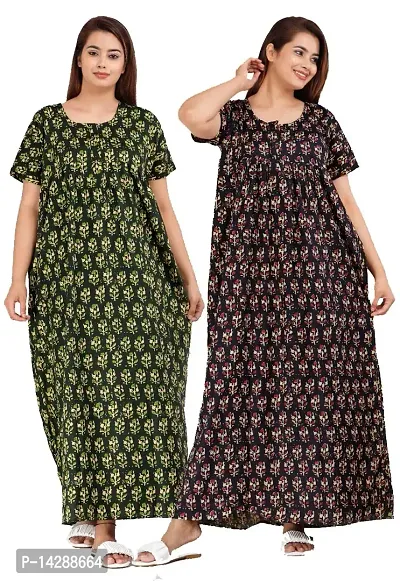 JVSP Women's Wear Pure Cotton Printed Nightgown Cotton Maternity Wear Kaftan Maxi Long Nighty (Combo Pack of 2 Pieces)