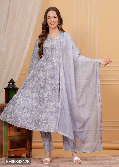 Stylish Grey Cotton Printed Kurta, Bottom and Dupatta Set For Women