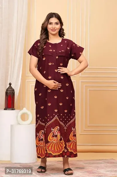 Elegant Maroon Cotton Printed Maternity Nighty For Women