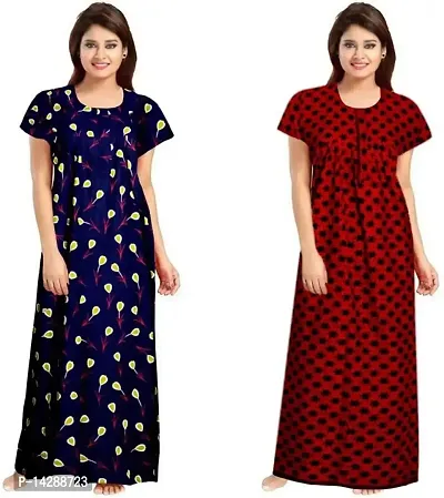 Lorina Women Fashion Cotton Printed Ankle Length Maxi Night Gown Nighty Combo Pack of 2 Orange,Black-thumb0