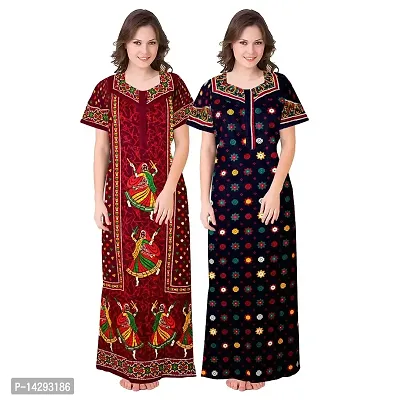 Nandini Women's Fashionable Cotton Printed Nighty Nightwear Nightdress Nighty Long Maxi Free Size Nighties Combo (Pack of 2) Blue,Black-thumb0