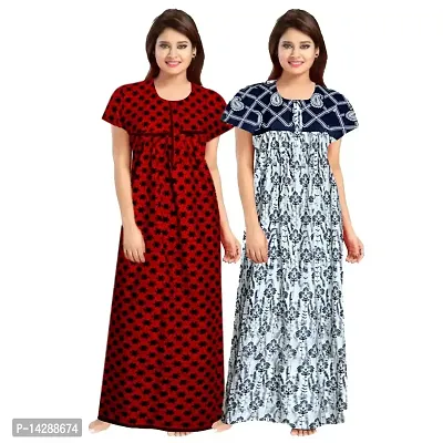 Mudrika Women's 100% Cotton Printed Maxi Maternity Nightwear Nightdress Free Size, (Combo Pack of 2) Red,White