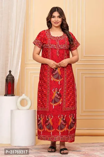 Elegant Red Cotton Printed Maternity Nighty For Women