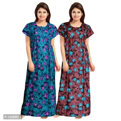 Nandini Women's Cotton Maxi Nighty Full Length 55 inch Maxi Dress with Front Zip Regular Sleepwear Night Gown (Multicolor,Free Size)