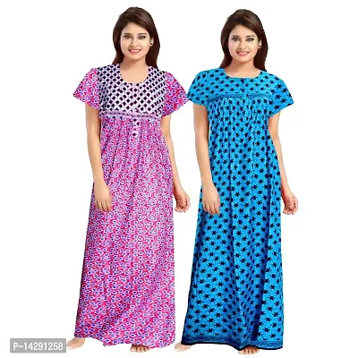 Mudrika Women's Soft Cotton Sleepwear Nighty Gown -Combo Pack of 2pcs Multi Coloured