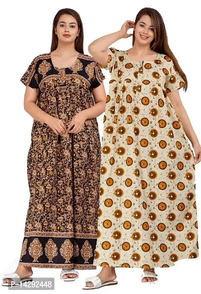 JVSP Women's Wear Pure Cotton Printed Nightgown Cotton Maternity Wear Kaftan Maxi Long Nighty (Combo Pack of 2 Pieces)