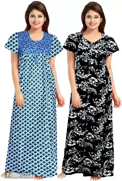 Elegant Multicoloured Cotton Printed Nighty For Women Combo Pack Of 2