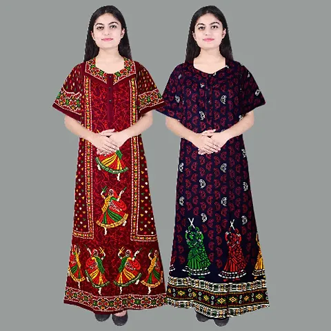 Stylish Cotton Jaipuri Print Nighty/Nightdress For Women Pack Of 2