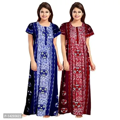 Nandini Women's Cotton Block Print Maxi Nighty (ComboNT7464 XXL Maroon, Grey_Maroon, Grey_2XL)