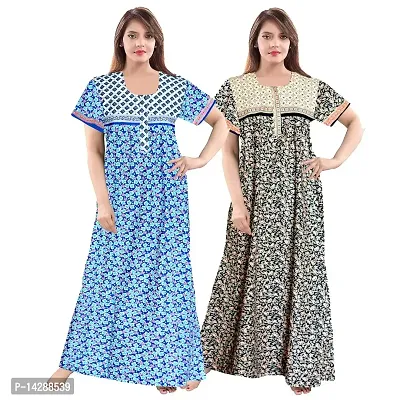 Mudrika Women's Cotton All Over Print Maxi Night Gown (ComboNT6772 L Purple, Blue_Purple, Blue_L)