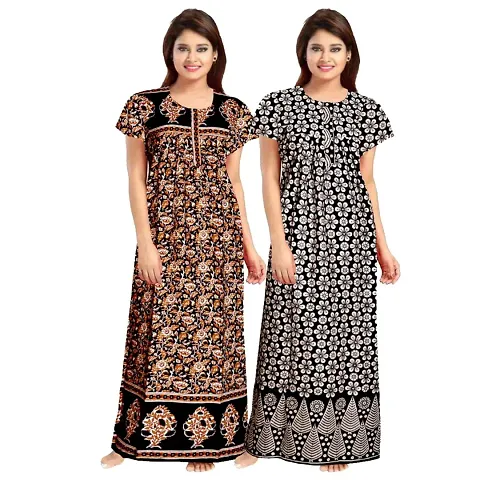 JVSP 100% Cotton Nighty for Women || Maxi Length Printed Nighty/Maxi/Night Gown/Night Dress/Nightwear Inner & Sleepwear for Women's (Combo Pack of 2)
