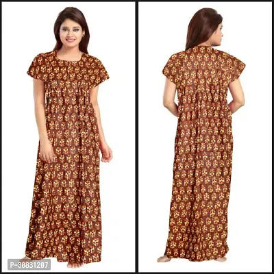 Elegant Brown Cotton Blend Printed Nightdress For Women