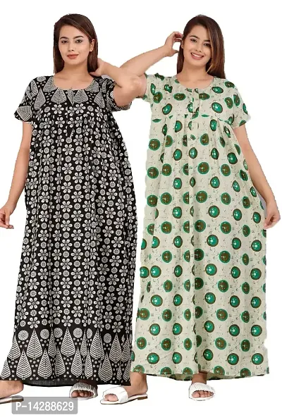 JVSP Women's Wear Pure Cotton Printed Nightgown Cotton Maternity Wear Kaftan Maxi Long Nighty (Combo Pack of 2 Pieces)