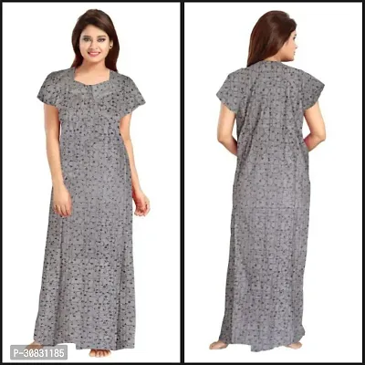 Elegant Grey Cotton Blend Printed Nightdress For Women