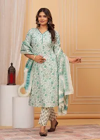 Stylish Green Cotton Printed Kurta, Bottom and Dupatta Set For Women-thumb3