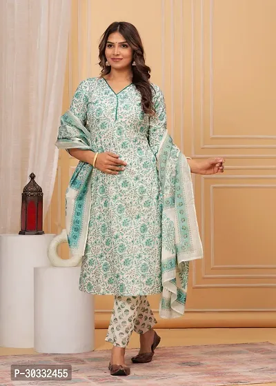 Stylish Green Cotton Printed Kurta, Bottom and Dupatta Set For Women-thumb4