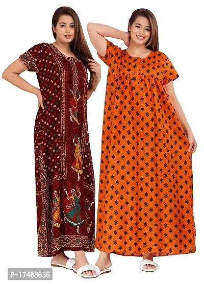 Elegant Multicoloured Cotton Printed Nighty For Women Combo Pack Of 2