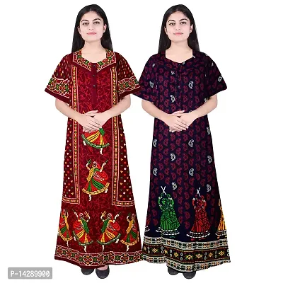 Khushi Print Women's Cotton Round Neck Gujri Print Maxi Nighty Combo (Multicolour, Free Size, XL) Combo Pack of 2 Pieces