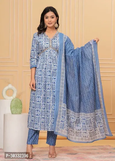 Stylish Blue Cotton Printed Kurta, Bottom and Dupatta Set For Women