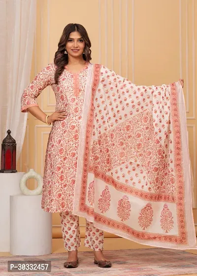 Stylish Pink Cotton Printed Kurta, Bottom and Dupatta Set For Women