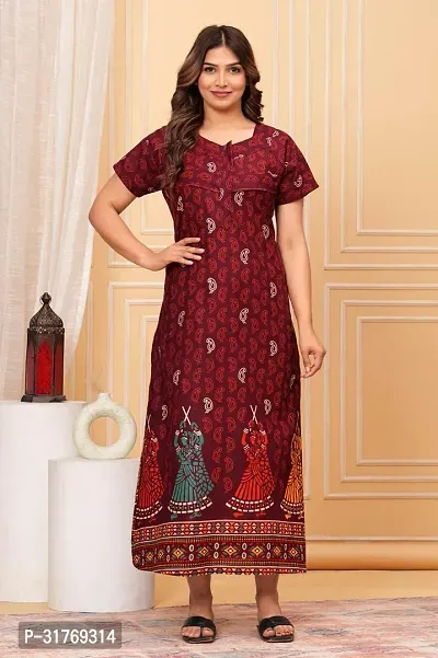 Elegant Maroon Cotton Printed Maternity Nighty For Women-thumb0