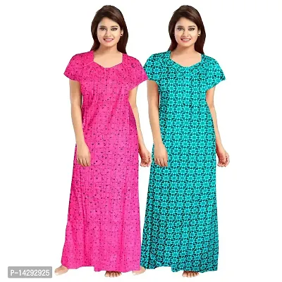 Nandini Women's Cotton Tie Dye Printed Long Nighty/Night Wear/Gown Nighty Maxi Upto XXL Size Combo Pack of 2 Pieces (Multicolored_Free Size)