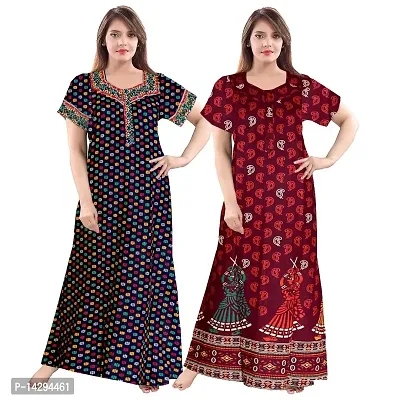Khushi Print Women Soft Cotton Nightwear Gown Nighties Sleepwear Maxi Dress (Multicolor) Combo Pack of 2 Peice-thumb0