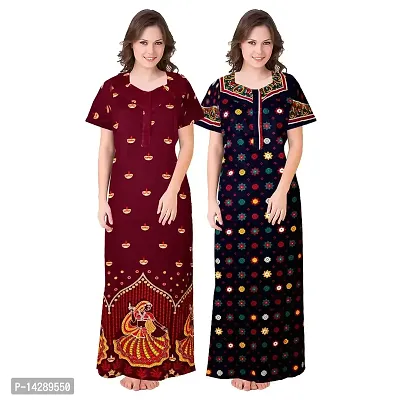 Lorina Women's Attractive Cotton Printed Maxi Sleepwear Long Nighty(Pack of 2) Blue,Red