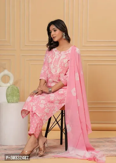 Stylish Pink Cotton Printed Kurta, Bottom and Dupatta Set For Women-thumb0