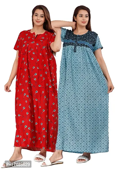 Elegant Multicoloured Cotton Printed Nighty For Women Combo Pack Of 2