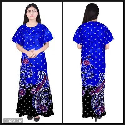 Elegant Blue Cotton Blend Printed Nightdress For Women