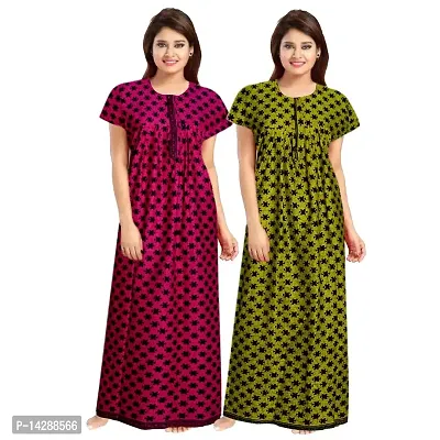 Nandini Women's Cotton Block Print Maxi Nighty (ComboNT7369 XL Orange, Green_Orange, Green_XL)