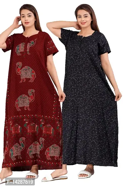 JVSP Women's Attractive Cotton Printed Full Length Maxi Sleepwear Maternity Wear Kaftan Maxi Nightdress (Pack of 2)