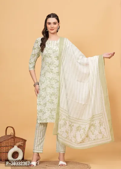 Stylish Green Cotton Printed Kurta, Bottom and Dupatta Set For Women