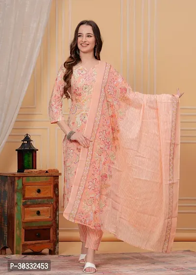 Stylish Orange Cotton Printed Kurta, Bottom and Dupatta Set For Women