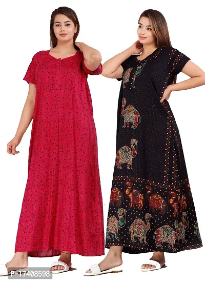 Elegant Multicoloured Cotton Printed Nighty For Women Combo Pack Of 2