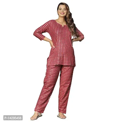 Nandini Women's 100% Cotton Printed Sleepwear Night Suit Set Top  Pyjama for Women (Size - M to XX-Large) Orange-thumb5