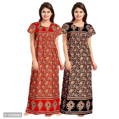 Lorina Women Fashion Cotton Printed Ankle Length Maxi Night Gown Nighty Combo Pack of 2 Pink,Blue