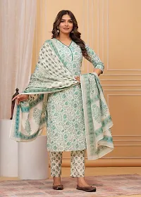 Stylish Green Cotton Printed Kurta, Bottom and Dupatta Set For Women-thumb1