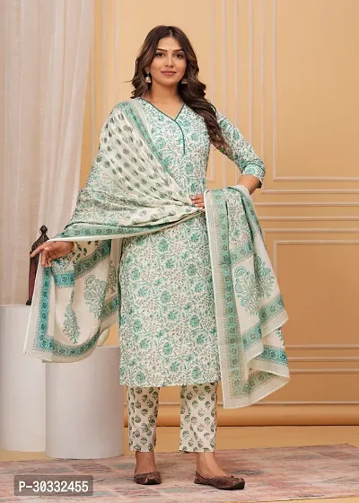 Stylish Green Cotton Printed Kurta, Bottom and Dupatta Set For Women-thumb2