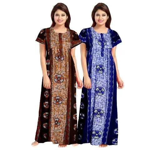 JVSP 100% Cotton Nighty for Women || Long Length Printed Nighty/Maxi/Night Gown/Night Dress/Nightwear Inner & Sleepwear for Women's (Combo Pack of 2)