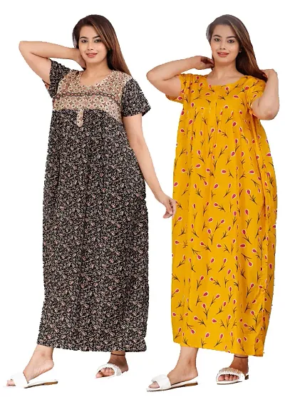 Cotton Collection Women's Fashionable Cotton Printed Front Zipper Half Sleeve Maxi Maternity Wear Kaftan Nightgown Nighty Size Upto?XXL