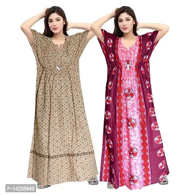 Mudrika Women's Fashion Cotton Printed Full Length Maxi Night Gown Maternity Wear Kaftan Maxi Nighty (Combo Pack of 2)