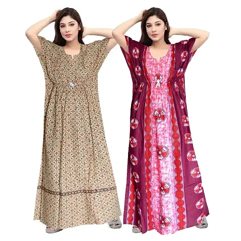 Mudrika Women's Fashion Cotton Printed Full Length Maxi Night Gown Maternity Wear Kaftan Maxi Nighty (Combo Pack of 2)